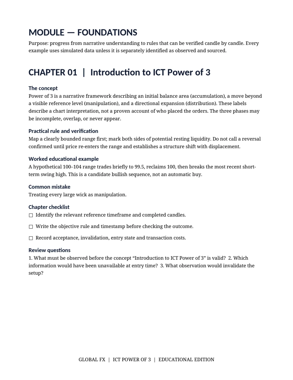 ICT Power of 3 Trading Playbook — First chapter — opening page · PDF 5